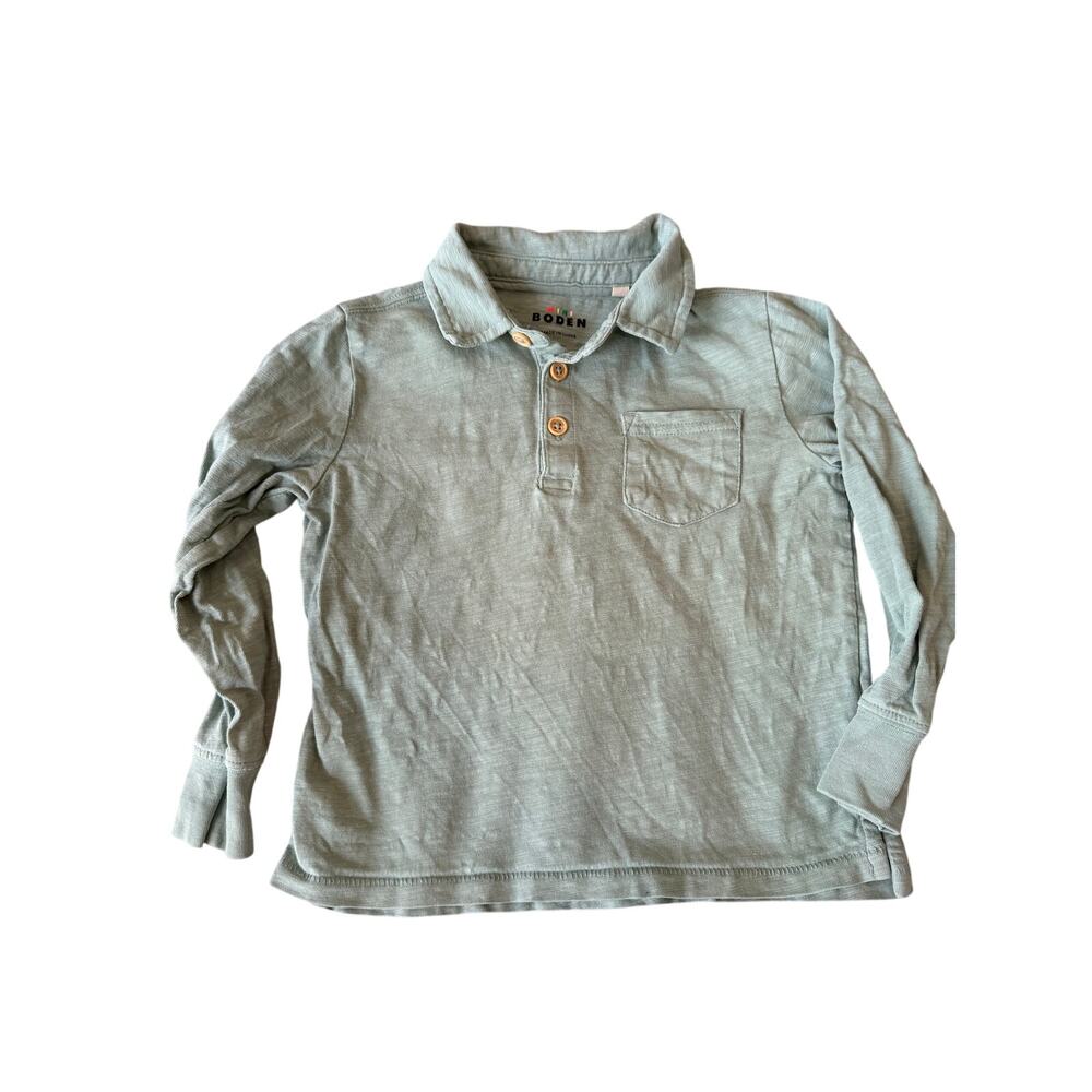 Mini Boden Long Sleeve Slub Knit Polo Shirt | Sage Green